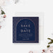 Navy and rose gold art deco save the date card with arch layout and elegant geometric pattern
