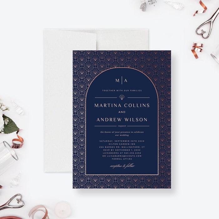 Navy and rose gold art deco wedding invitation featuring arch layout and elegant geometric pattern