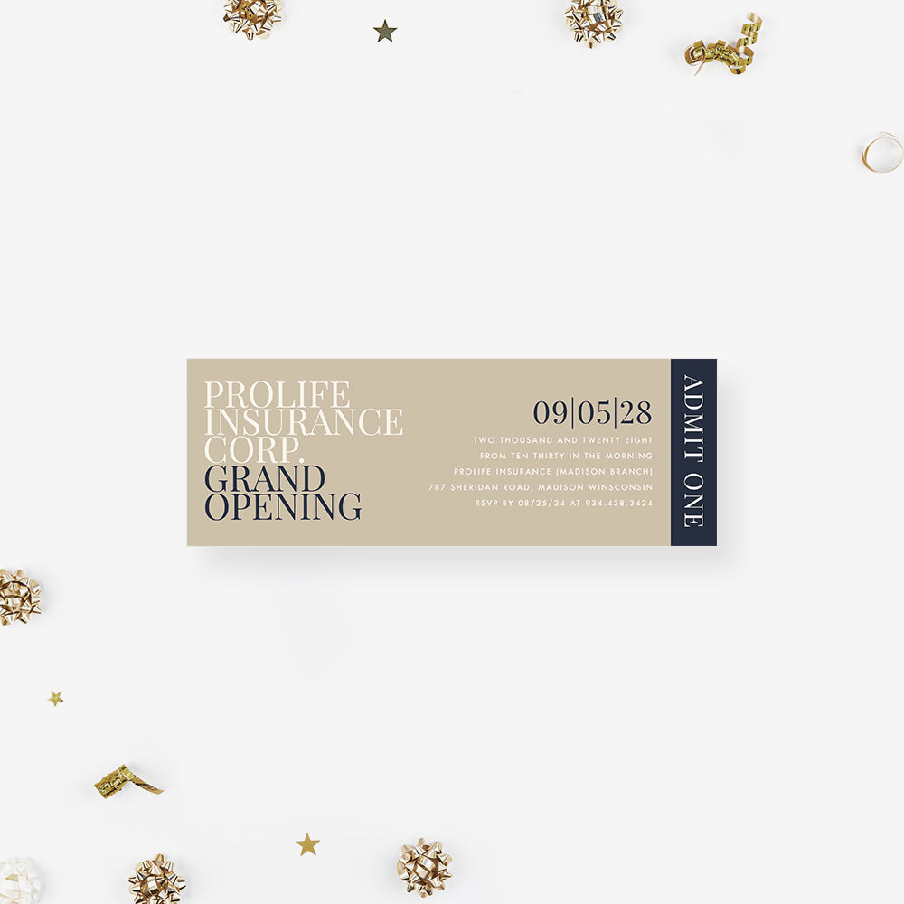 Company Grand Opening Ticket Invitation in Subtle Neutral Colors, Simp