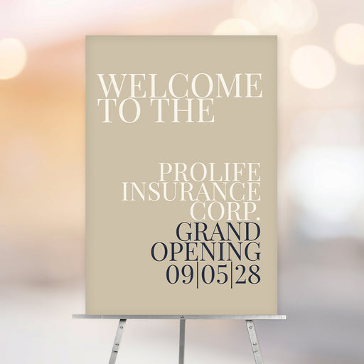 Neutral-toned welcome sign with bold typography, ideal for grand opening parties, business events, or professional decor.
