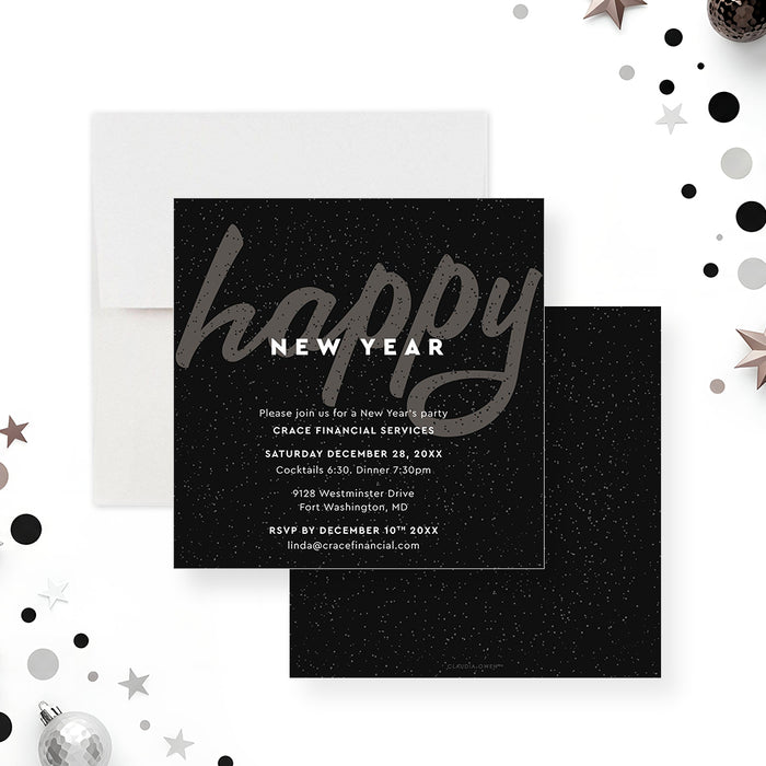 Elegant black New Year party invitation with festive design and modern script text for corporate or holiday celebrations-front-back