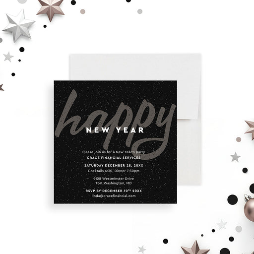 Elegant black New Year party invitation with festive design and modern script text for corporate or holiday celebrations-front