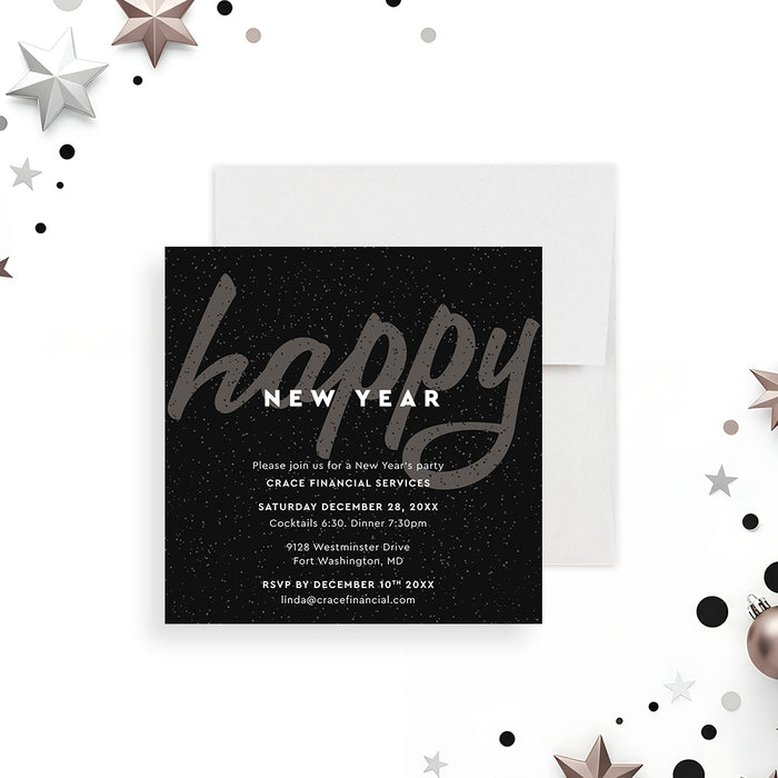 Elegant black New Year party invitation with festive design and modern script text for corporate or holiday celebrations-front