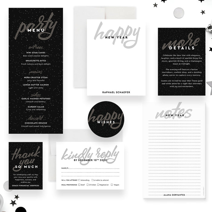 New Year Party Invitation Black Elegant Holiday Event Invite