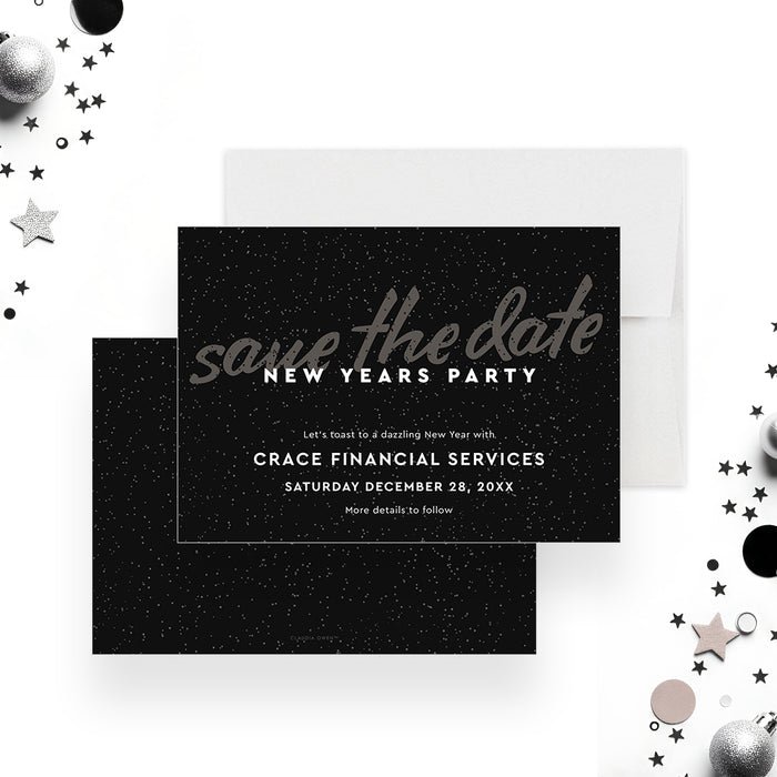Elegant New Year save the date card with a black starry background and modern script text, customizable for holiday or corporate events-front-back