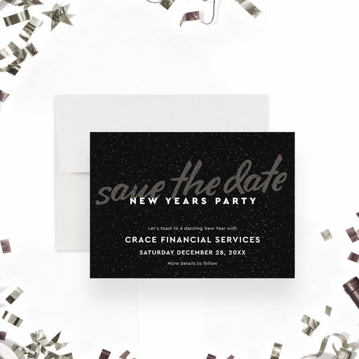 Elegant New Year save the date card with a black starry background and modern script text, customizable for holiday or corporate events-front