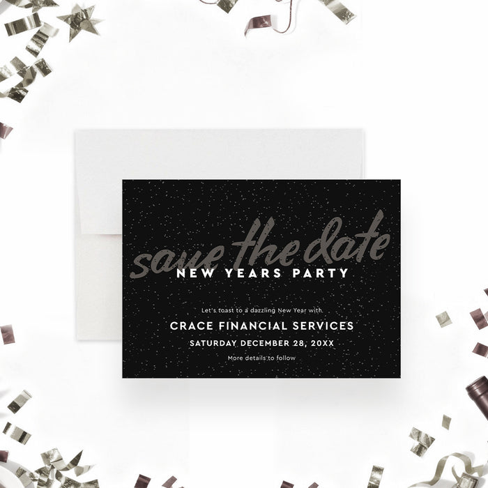 Elegant New Year save the date card with a black starry background and modern script text, customizable for holiday or corporate events-front