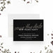 Elegant New Year save the date card with a black starry background and modern script text, customizable for holiday or corporate events-front
