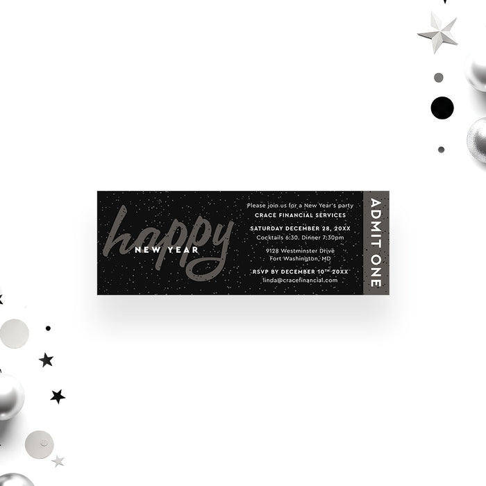 Black New Year party ticket invitation with admit one style design for holiday event or New Year’s Eve celebration