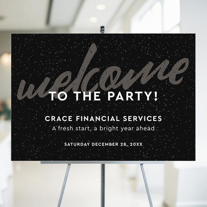 New Year party welcome sign with elegant black background and modern lettering displayed on easel for holiday event entrance decor