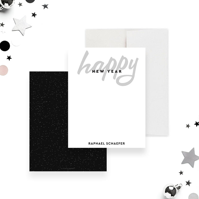Personalized New Year thank you note card with elegant black and white design and modern lettering for holiday stationery or corporate use-front-back