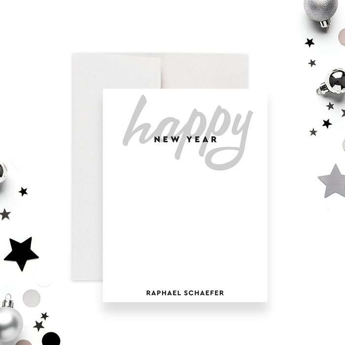 Personalized New Year thank you note card with elegant black and white design and modern lettering for holiday stationery or corporate use-front
