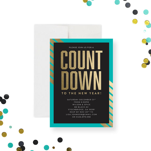 New Year's countdown party invitation with a turquoise and gold design on a black background.-front