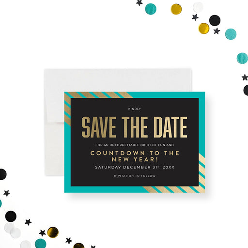 New Year's Eve save the date card with black background, gold typography, and teal accents featuring a modern countdown party design-front