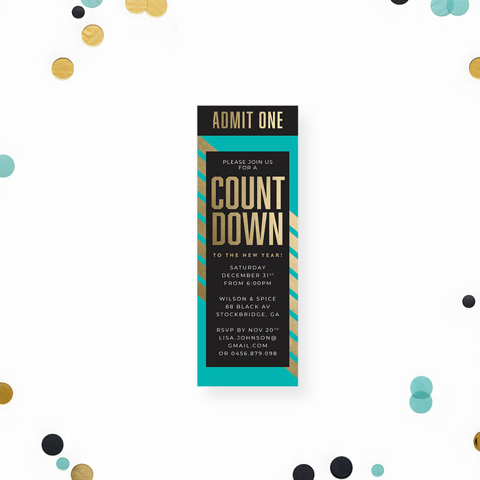 New Year countdown ticket invitation with an admit-one header in a black, gold, and turquoise design.