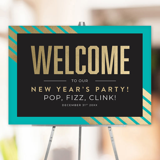New Years Eve welcome sign in black gold and turquoise with modern typography for party entrance decor