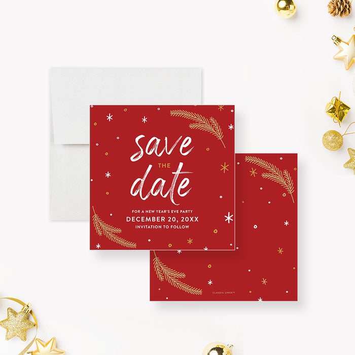 Festive Save the Date Invitation for New Year's Party, New Year’s Eve Party Save the Date Card in Red White and Gold