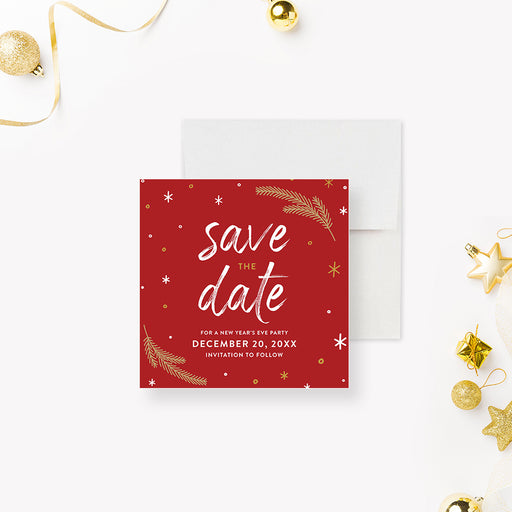 Elegant red and gold Christmas Save the Date card for holiday events