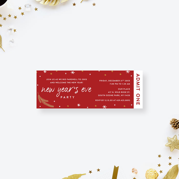 Elegant and Festive New Year’s Eve Party Ticket Invitation, NYE Party Ticket Invite