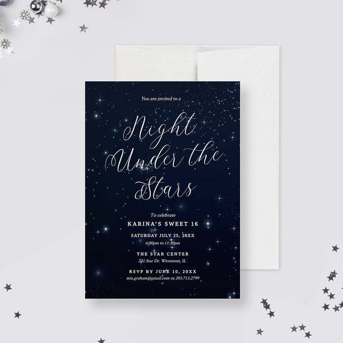 Night Under the Stars sweet 16 invitation with white script on a deep blue starry background.
