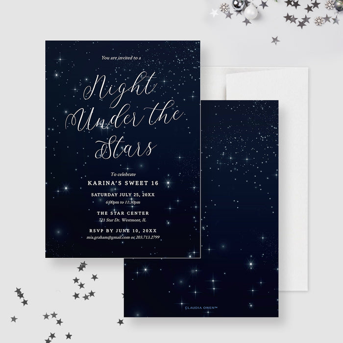 Night Under the Stars sweet 16 invitation front and coordinating navy star patterned back.