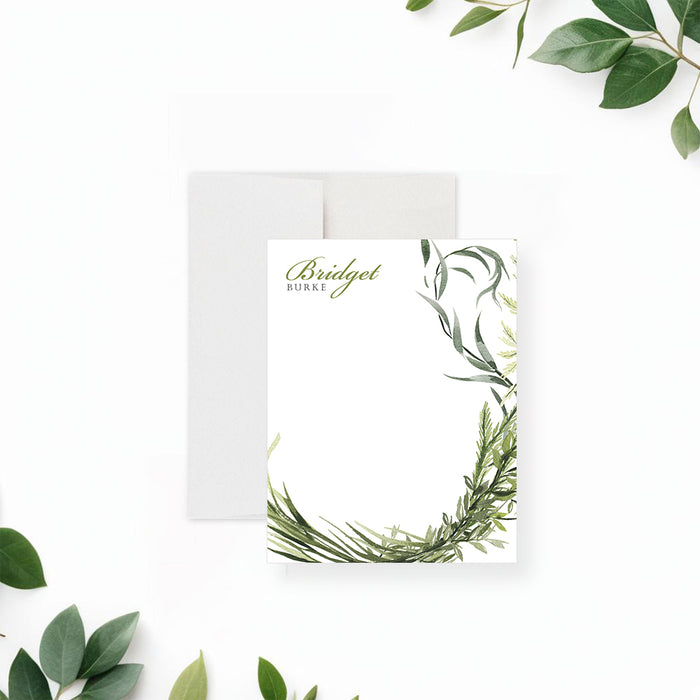 Personalized note card with elegant greenery botanical design and custom name-front