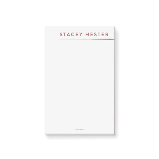 Personalized blush pink minimalist notepad with custom name and gold accent line.