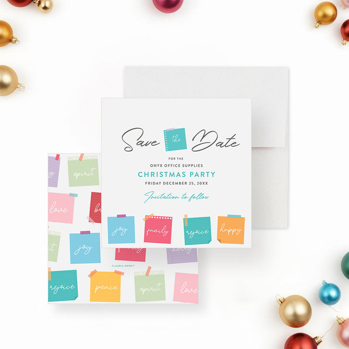 Christmas party save the date card with colorful sticky notes, festive office theme, and modern holiday design-front-back