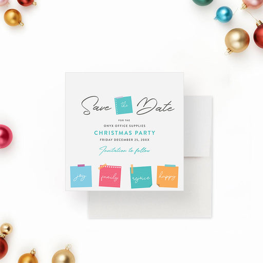 Christmas party save the date card with colorful sticky notes, festive office theme, and modern holiday design-front