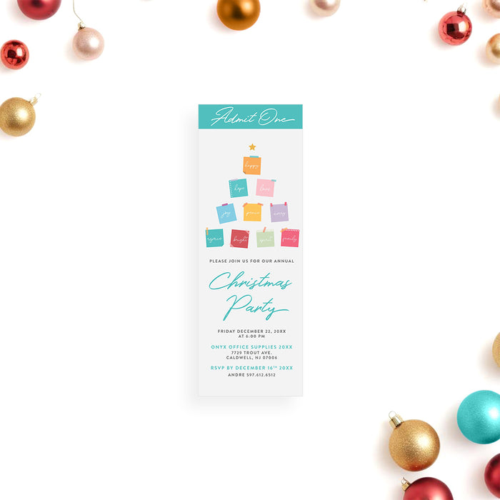 Christmas party ticket invitation with colorful sticky note Christmas tree design festive office holiday theme