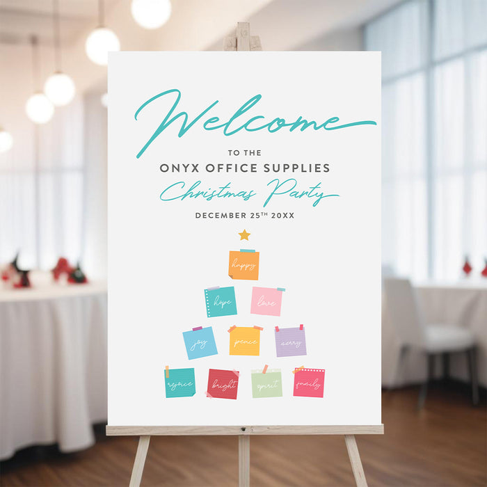 Christmas party welcome sign with colorful sticky note Christmas tree and festive office holiday theme