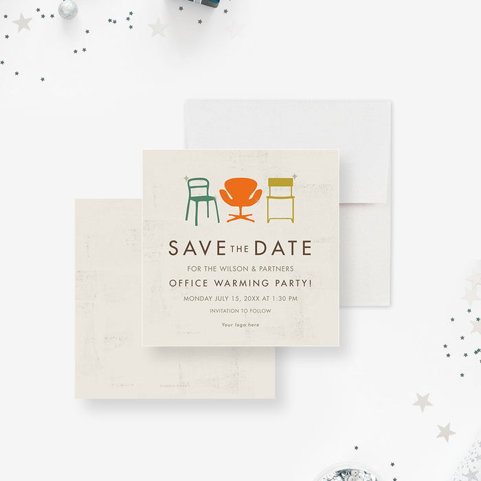 Office Warming Save the Date Card with Colorful Office Chairs, Beige Save the Date Invitations for New Office Party