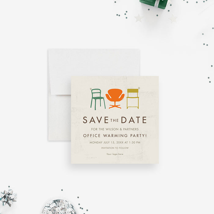 Office Warming Save the Date Card with Colorful Office Chairs, Beige Save the Date Invitations for New Office Party