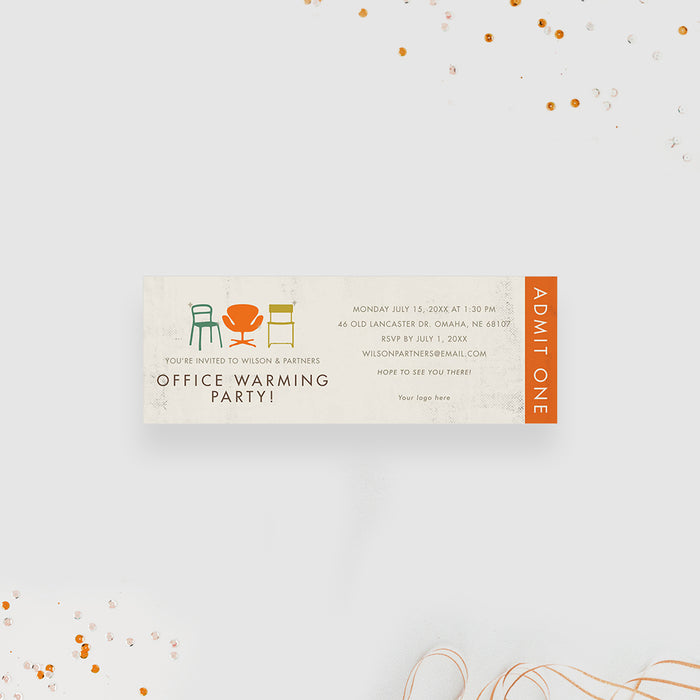 Office Warming Ticket Invitation with Colorful Office Chairs, Modern Ticket Invites for Business Celebration, Launch Party Ticket Cards