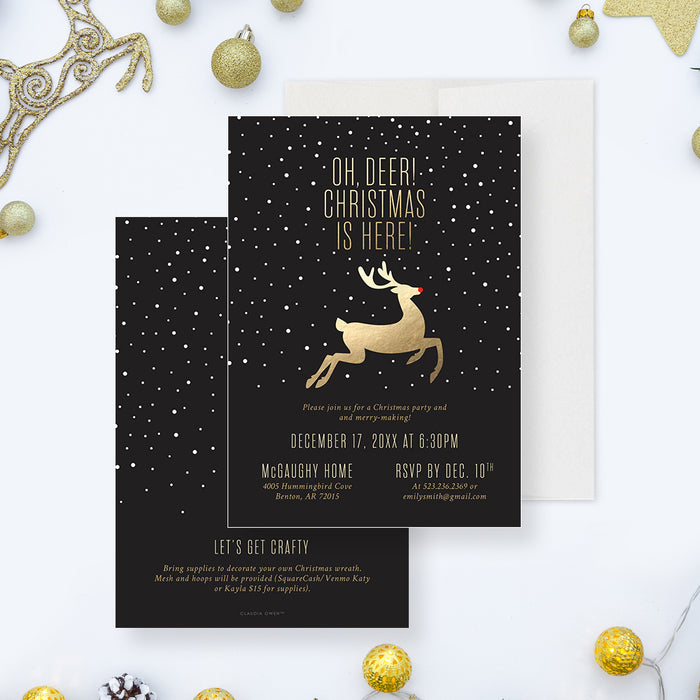 Oh Deer Christmas is Here Invitation Card, Fun and Festive Christmas Invitation with a Playful Pun, Christmas Celebration Invites with Reindeer and Snow Design