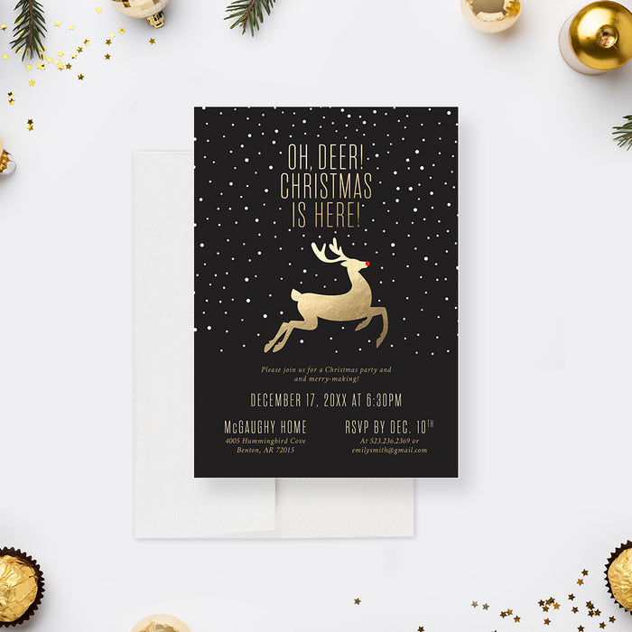 Oh Deer Christmas is Here Invitation Card, Fun and Festive Christmas Invitation with a Playful Pun, Christmas Celebration Invites with Reindeer and Snow Design