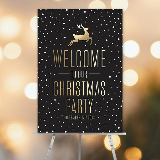 Christmas party welcome sign with golden deer illustration and falling snow on black background.