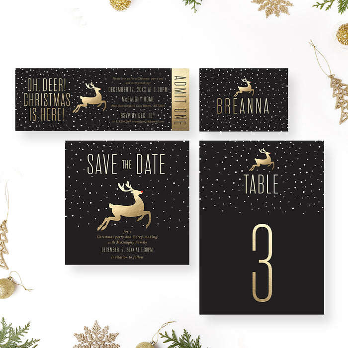 Oh Deer Christmas is Here Invitation Card, Fun and Festive Christmas Invitation with a Playful Pun, Christmas Celebration Invites with Reindeer and Snow Design