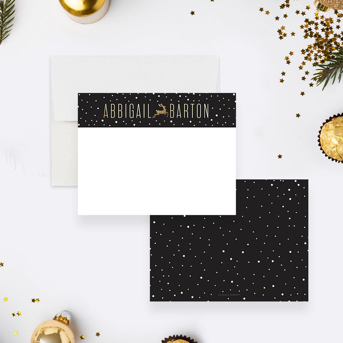 Reindeer Christmas Party Thank You Card with Playful Design, Personalized Holiday Stationery Card in Black and Gold