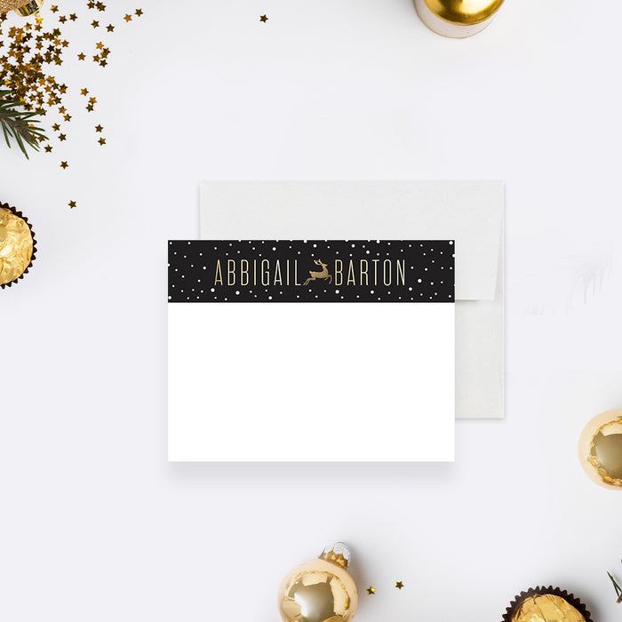 Reindeer Christmas Party Thank You Card with Playful Design, Personalized Holiday Stationery Card in Black and Gold