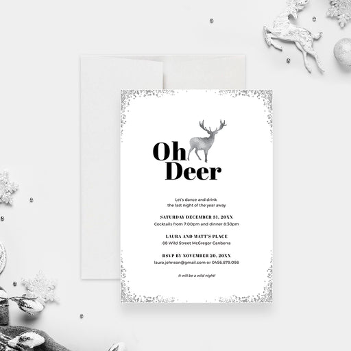 Minimalist Oh Deer holiday party invitation featuring a silver reindeer illustration and modern black typography, designed for digital download and printing.