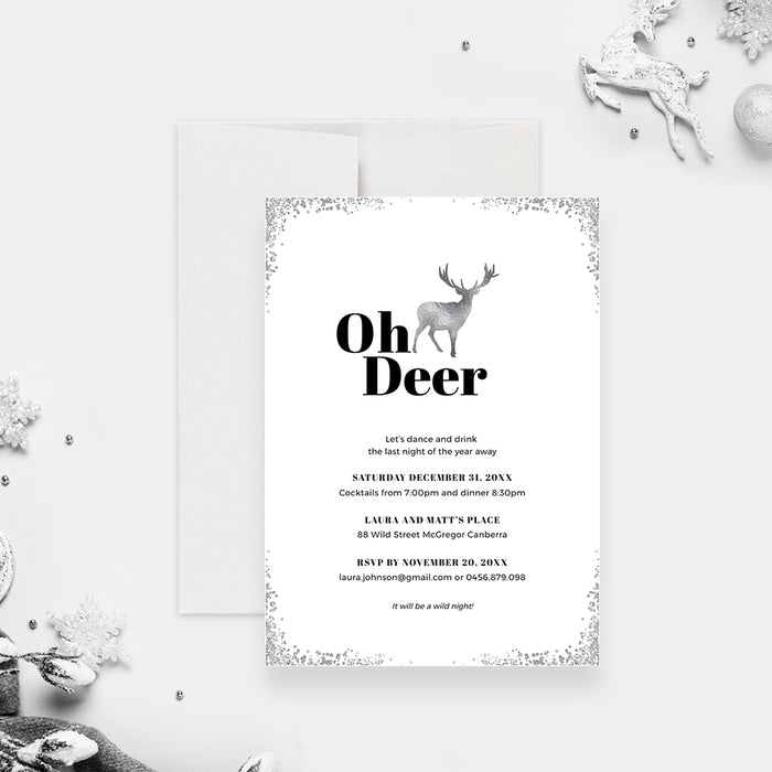 Minimalist Oh Deer holiday party invitation featuring a silver reindeer illustration and modern black typography, designed for digital download and printing.