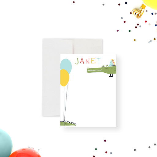 Personalized kids thank you card with a cute alligator in a party hat, colorful balloons, and custom name on a fun birthday-themed design-front