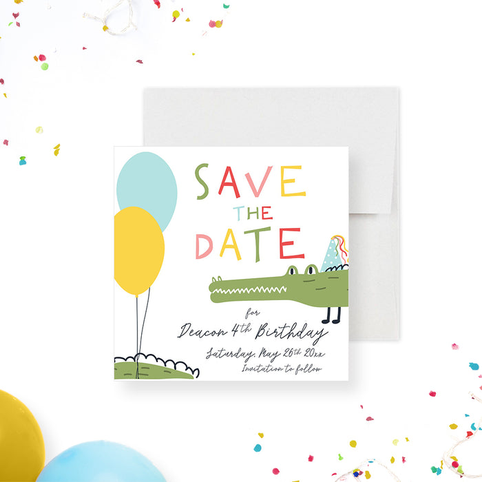 Save the date card with colorful balloons and a cute alligator with a party hat, perfect for a child’s gator-themed birthday party-front