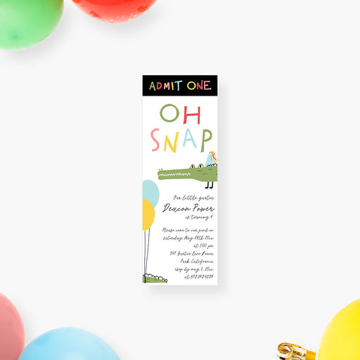 Ticket-style kids' birthday invitation with a cute alligator wearing a party hat, colorful “Oh Snap” text, and balloons, designed like an admit one pass.
