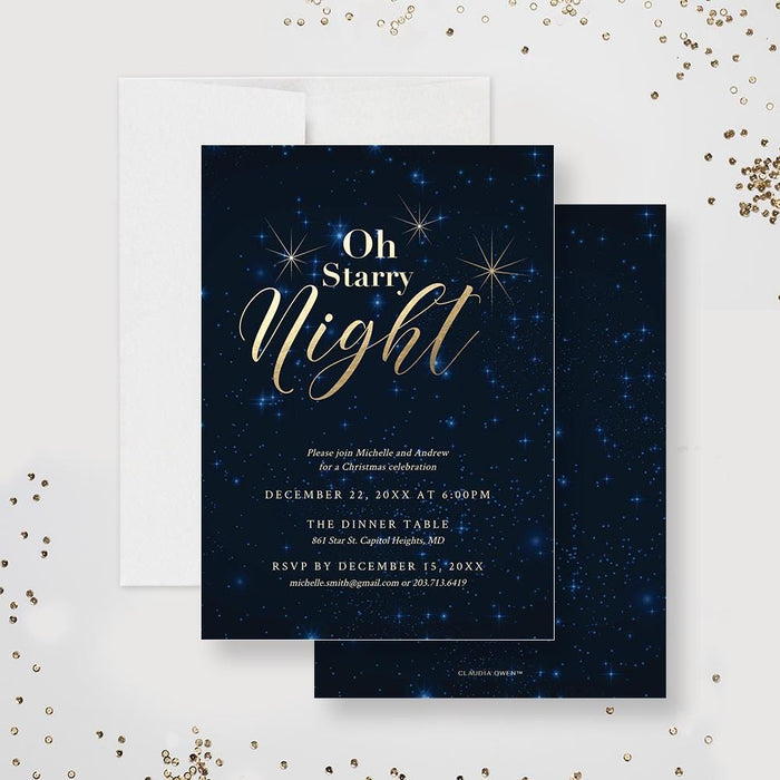 Elegant navy and gold holiday party invitation featuring the text “Oh Starry Night” in gold script over a star-filled night sky background.