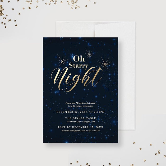 Elegant navy and gold holiday party invitation featuring the text “Oh Starry Night” in gold script over a star-filled night sky background.