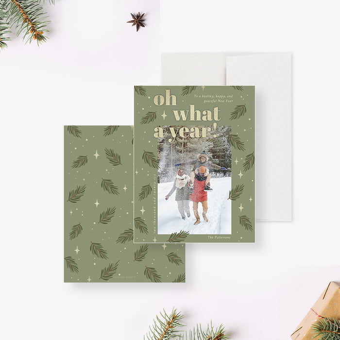 Oh What A Year Holiday Greeting Card with Family Picture, Photo Christmas Holiday Card with Green Pine Boughs