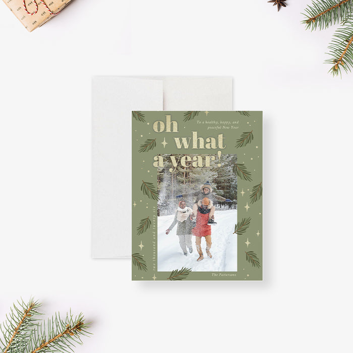 Oh What A Year Holiday Greeting Card with Family Picture, Photo Christmas Holiday Card with Green Pine Boughs