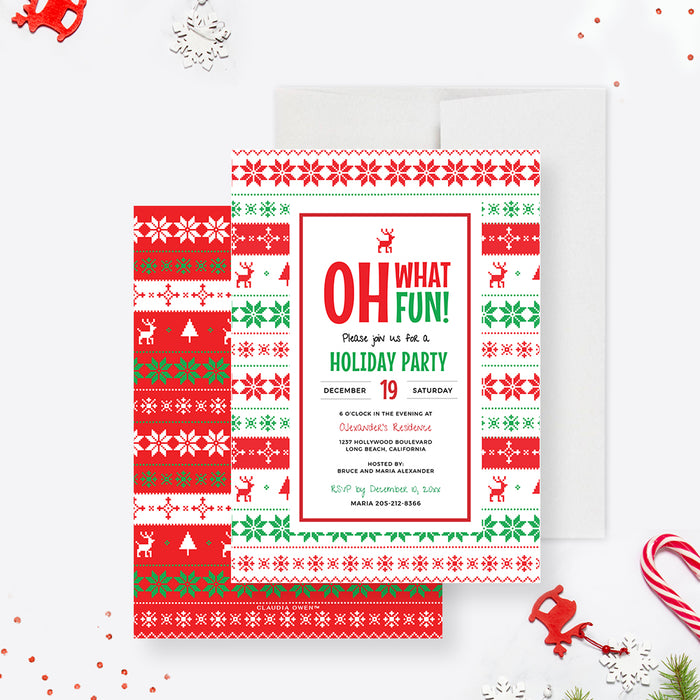 Front and back of the Oh What Fun holiday invitation template, showing red and green Christmas sweater patterns.